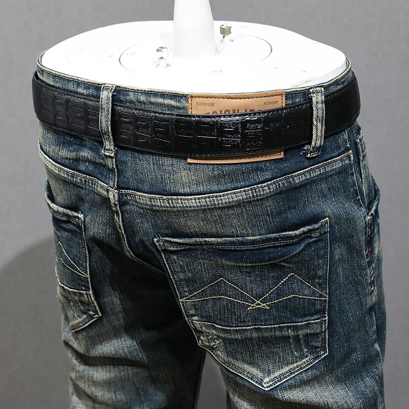 Fashion Designer Men Jeans Retro Washed Blue High Quality Stretch Slim Fit Ripped Jeans Men Trousers Vintage Denim Pants Hombre