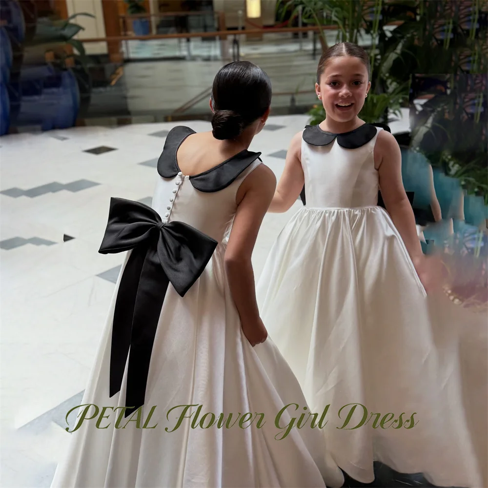 Petal Black White Contrast Flower Girl Dress Back Bow Baby Kids Birthday Dress Sleeveless Minimalist Pageant Dress for Girl
