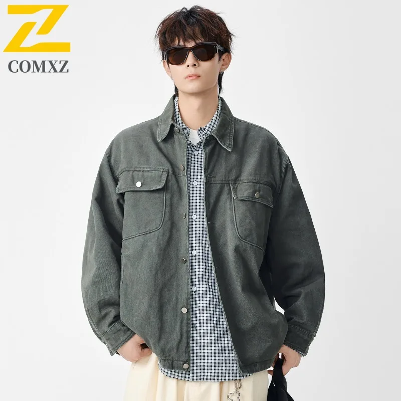 

COMXZ осенне-зимнее модное повседневное пальто для мужчин, трендовая уличная крутая свободная уличная винтажная куртка с отложным воротником, цена 205