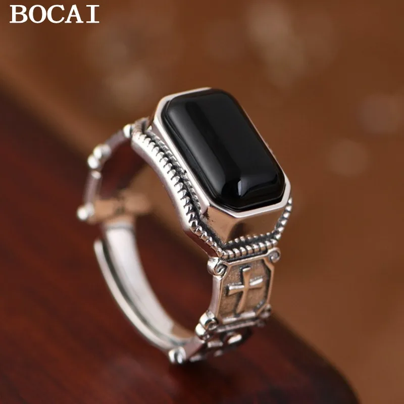 

BOCAI новый S925 серебряный винтажный модный крест квадратный черный агат открывающееся кольцо мужской и женский подарок