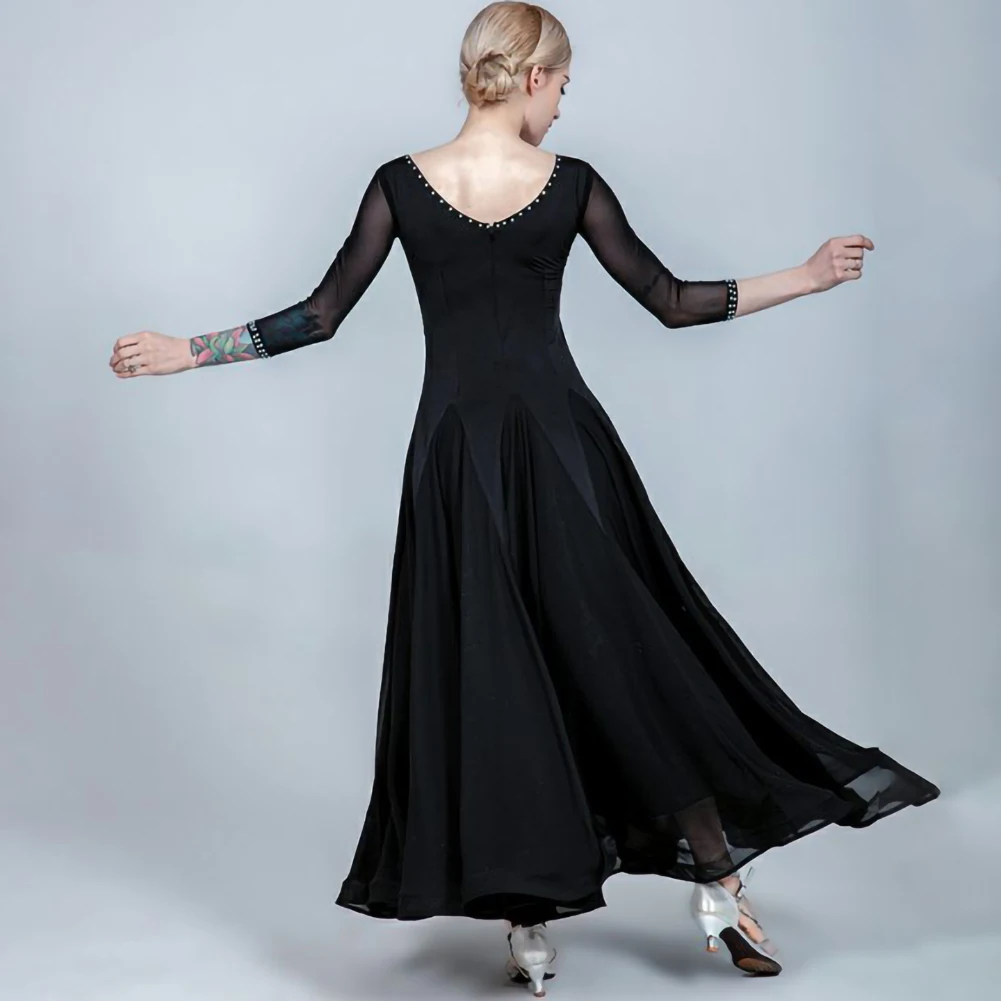 Standard Dance Competition Costume Rhinestone Custom Women's Banquet Dress V-Neck Performance Costume Long Sleeve
