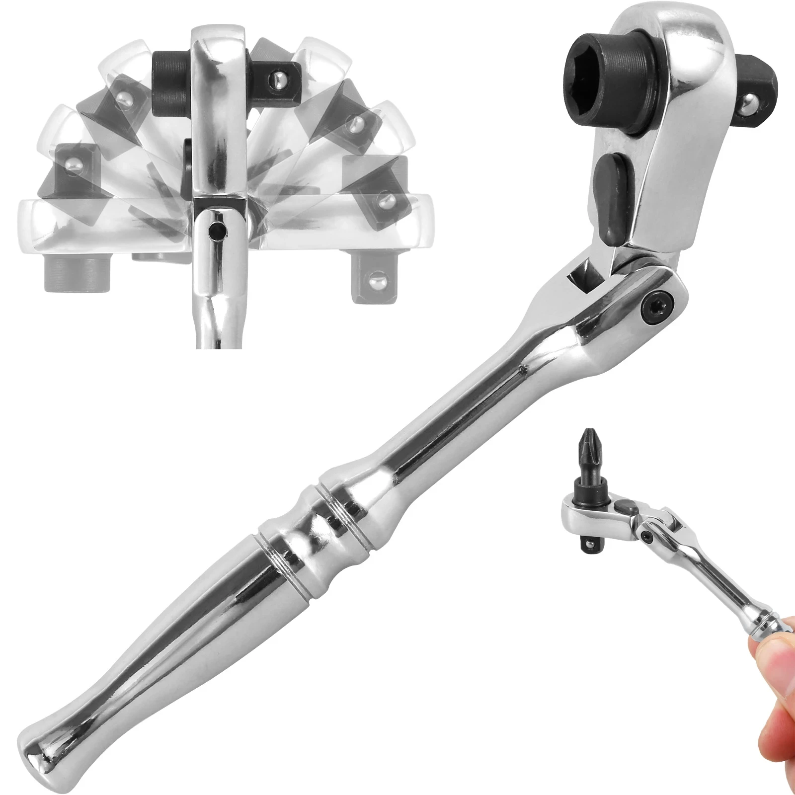 Llave de Trinquete de Acero al Cromo Vanadio 2 en 1 Multiusos con Cabezal Reversible y Resistente, Mango de Trinquete de 1/4''