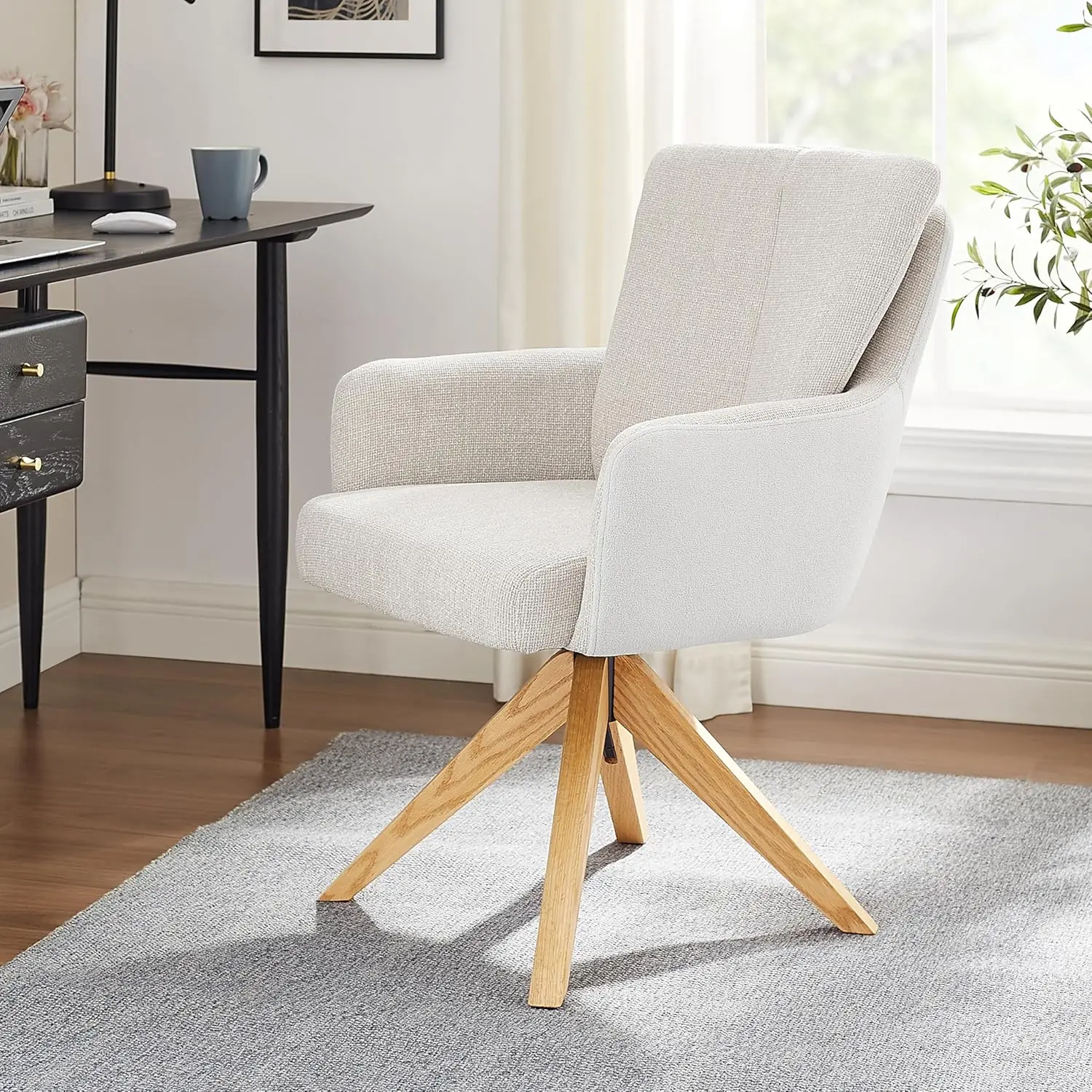 Living Room and Home Office Use, Fabric Material, Off White Gray Mid Century Modern Desk Chair without Wheels