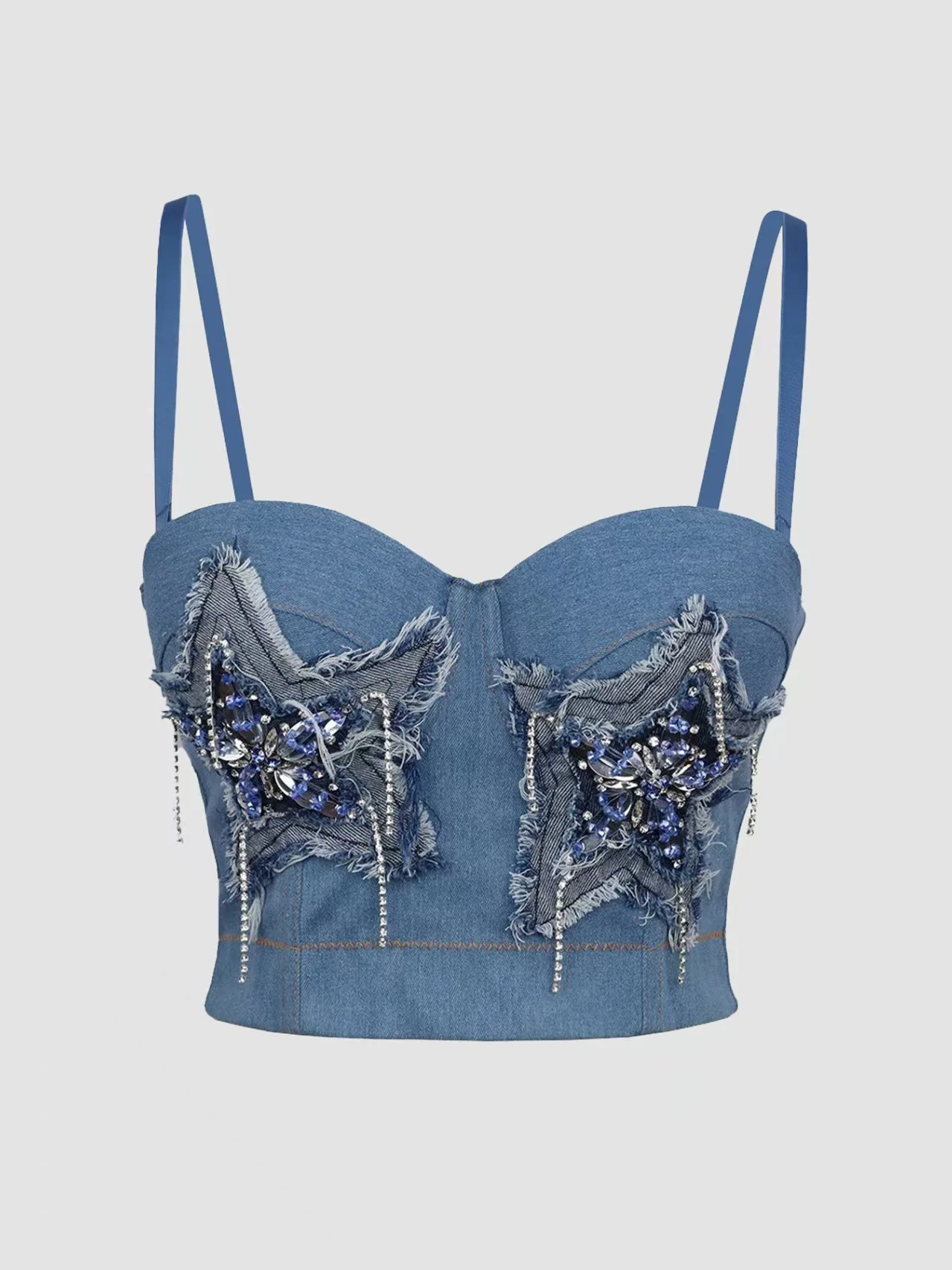 Retro French slim vest female fishbone bra elastic denim handmade nail diamond suspenders high quality beautiful back suspenders