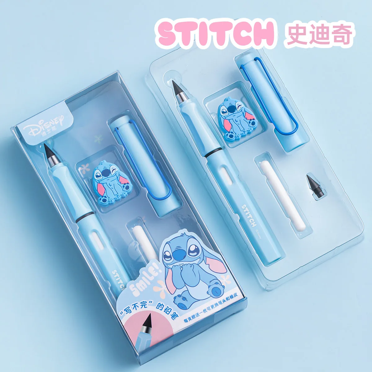 Stitch Eternal Pencil with Eraser Cartoon Disney Unlimited Writing Pen Kawaii School Supplies Childeren Stationery Set Gift