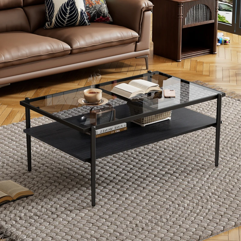 

Rectangle Coffee Table with Gray Tempered Glass top and Black Legs,Modern Table for Living Room