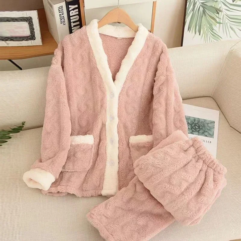 Women Pyjamas Sets Autumn Winter Warm Flannel Thick Buttons Cardigan Homewear Long Sleeve Rest Sleepwear Female Pajamas 2 Piece