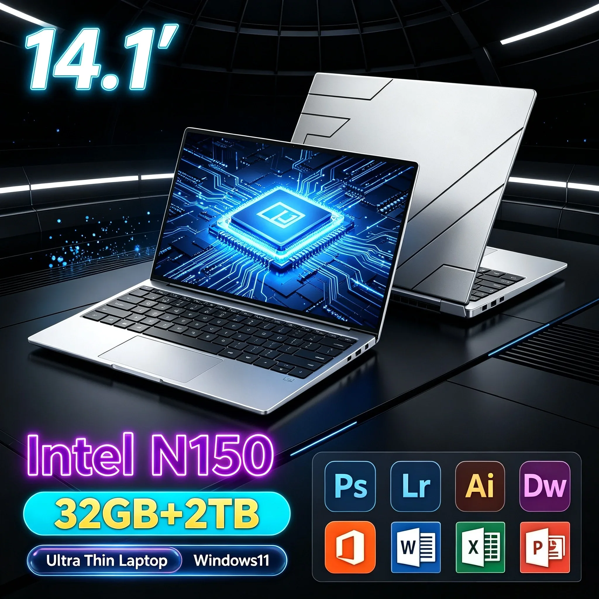 Portable 14.1'' Inch Notebook Intel N150 32GB RAM 1TB/2TB SSD Mass Storage Windows11 Laptop Computer For Home Student Office