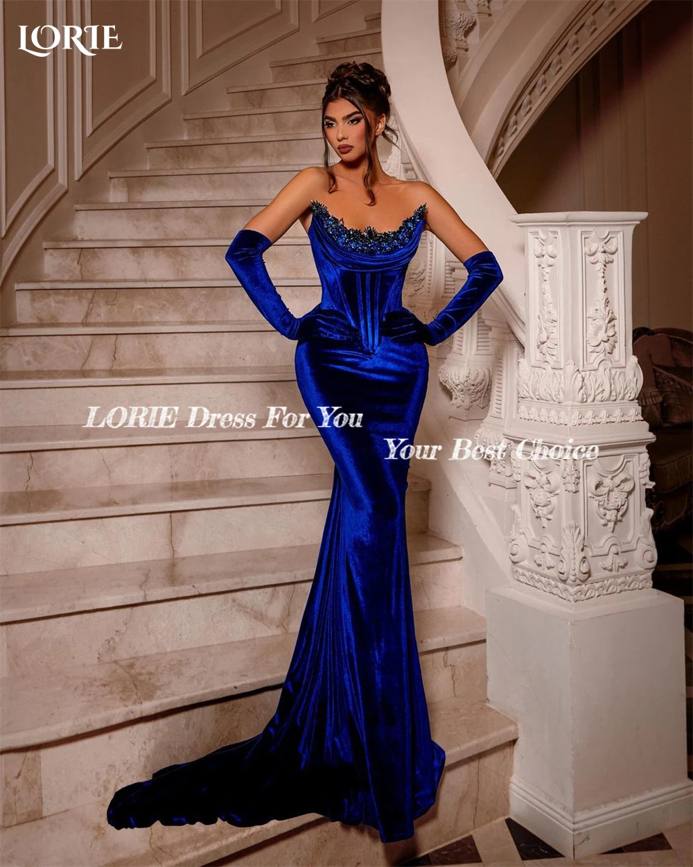 LORIE Royal Blue Mermaid Evening Dresses Beaded Off Shoulder Bodycon Pleated Prom Dress Backless Celebrity Party Gown Customized