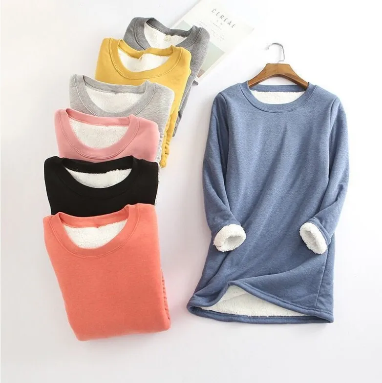 

cotton thermal t-shirt woman Lambs Wool T Shirt Thick Fleece Long Sleeve Thermal Underwear Tops Pink Tumblr O Neck T-shirt Tees