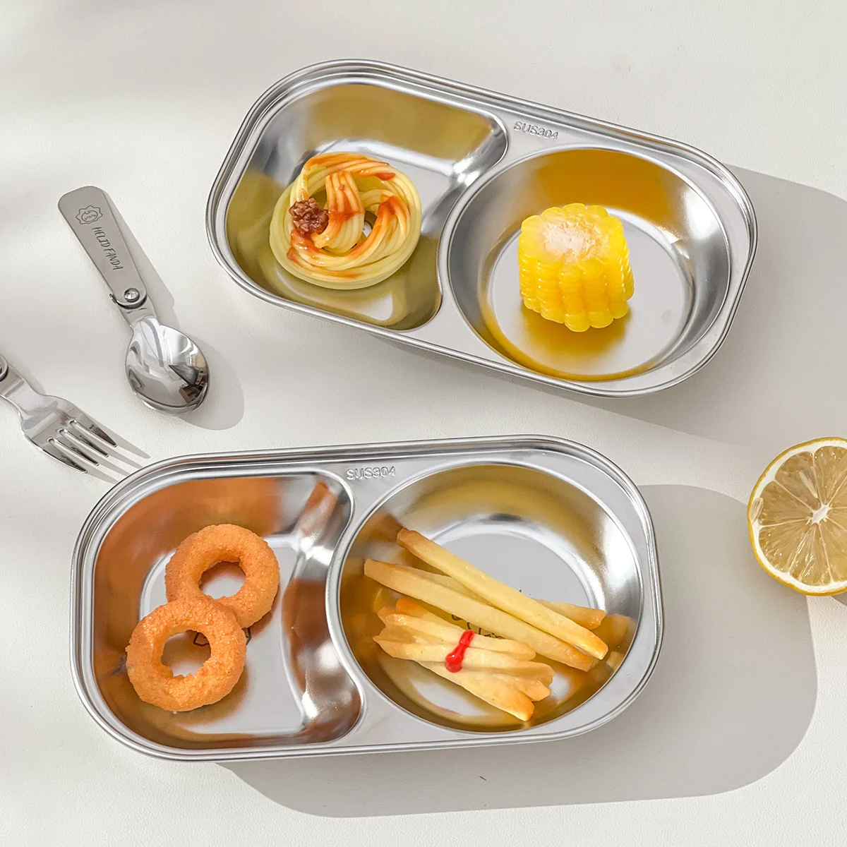 WORTHBUY 304 Stainless Steel Mini Divided Salad Plate Stackable Cute Kids Dinner Plate Snack Dessert Food Plate Dishes Tableware