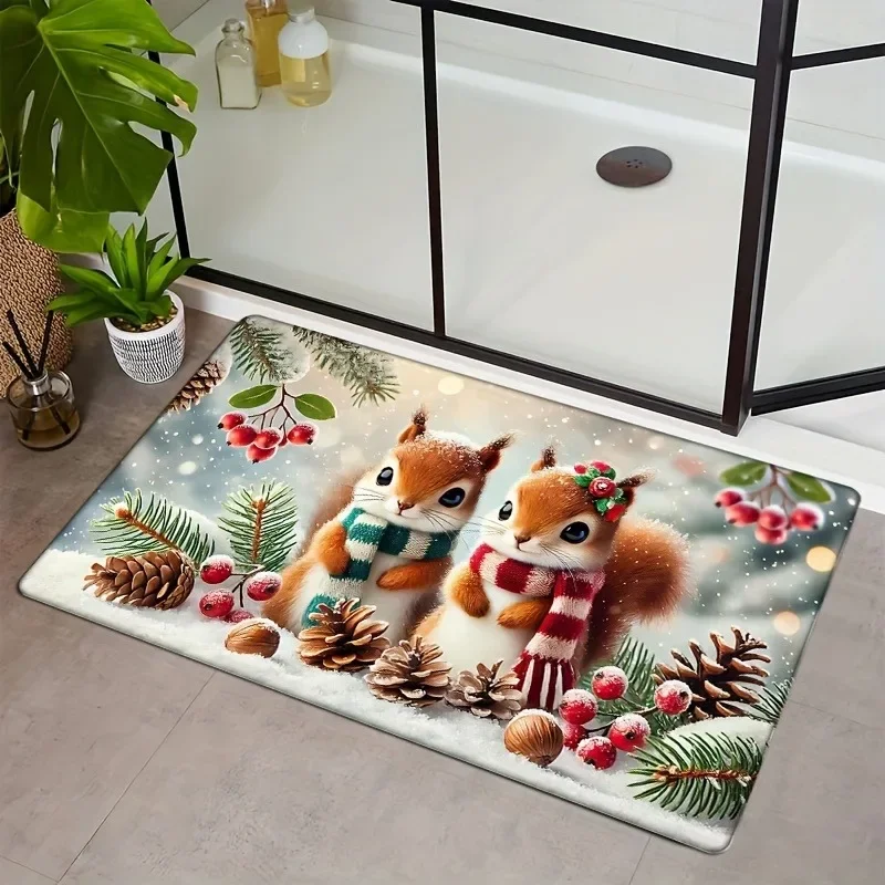 Cutie Animals Squirrel Pattern Bathroom Anti-silp Door Mat Suitable for Livingroom Entrance Christmas Decoration Accessories Pad