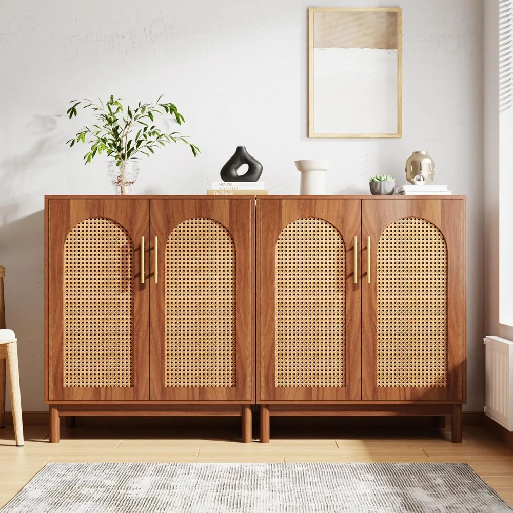 Juego de 2 aparadores de ratán con almacenamiento, gabinete decorativo de 59 pulgadas con puertas, gabinete de almacenamiento para comedor, Li