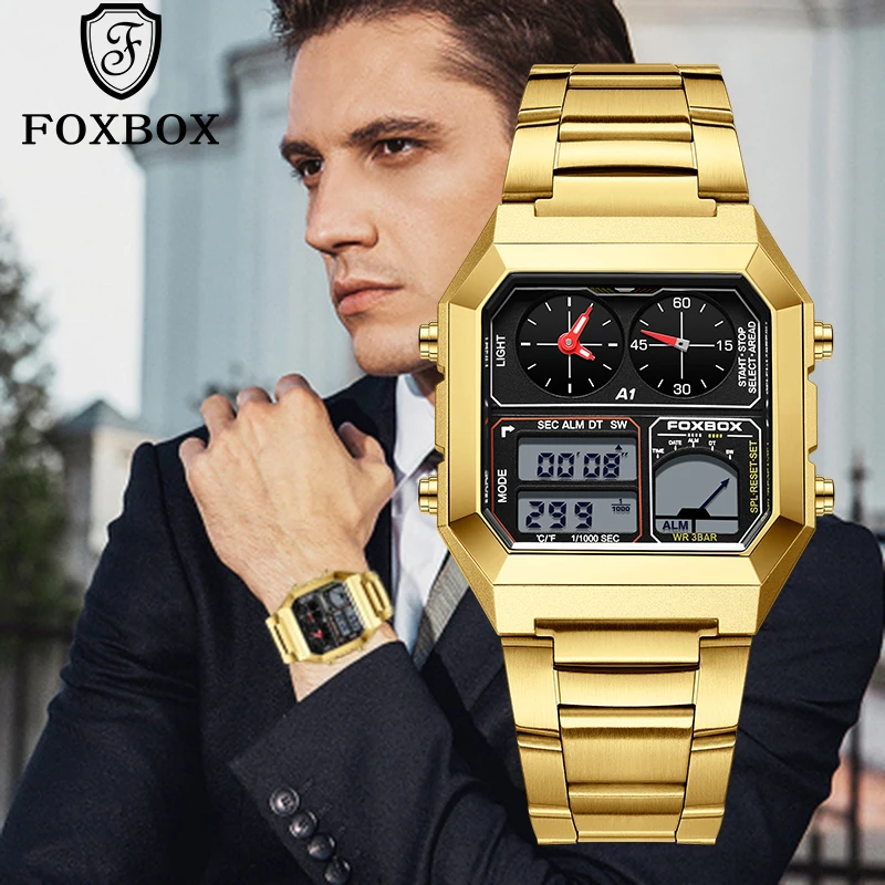 New Fashion FOXBOX Dual Digital Electronic Man Watch Business Stainless Casual Sport Electronic Waterproof Alarm Watches for Men