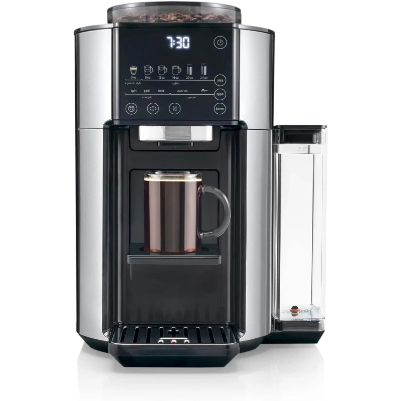 TrueBrew Drip Coffee Maker, Built in Grinder, Single Serve, 8 oz to 24 oz, Hot or Iced Coffee, Stainless, CAM51025MB