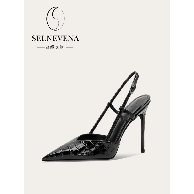Single button pointed high-heeled shoes for women, 2025 new summer, stone patterned sexy toe, black commuting single shoes