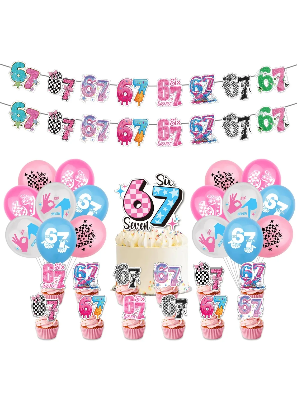 Creatieve 67 Decoratie Thema Verjaardag Thema Roze Blauw Feestdecoratie Banner Vlaggenlijn Taartdecoratie Vlag Balon Set - afbeelding 2