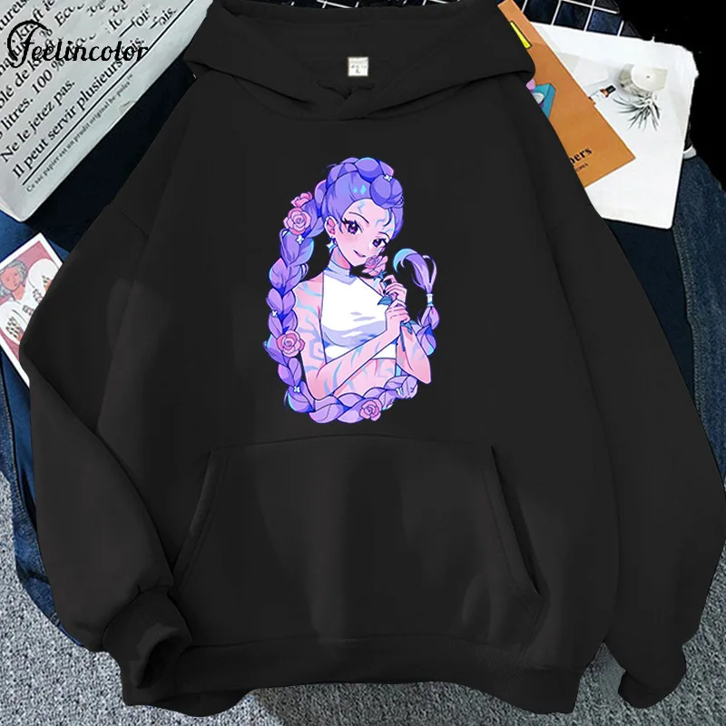 Oversized Lavender Black Huntrix Hoodie Virtual Girl Group Blue Tiger Print Pullover Unisex Kpop Demon Hunter Streetwear Harajuk