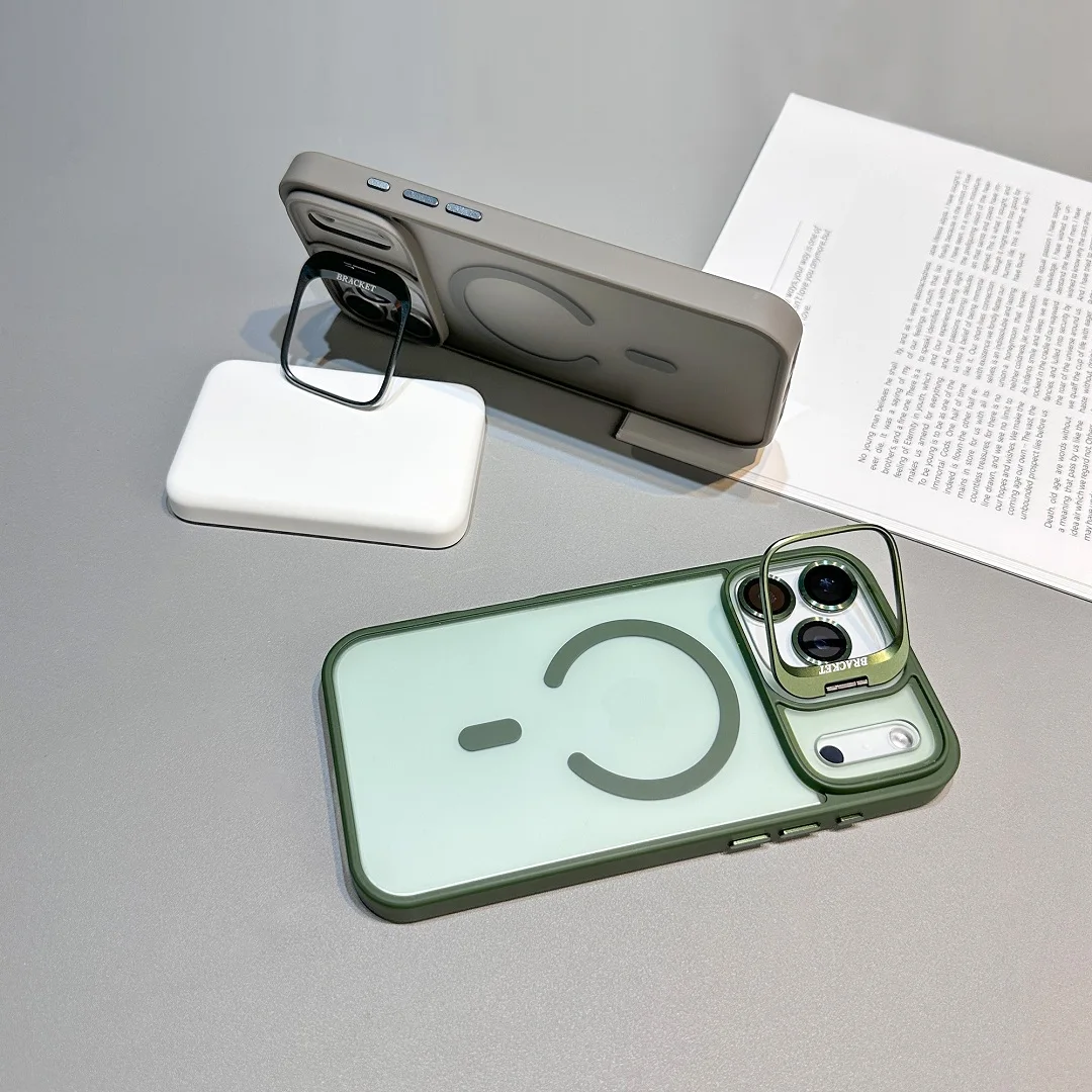 Custodia con staffa smerigliata con sensazione di pelle calda per iPhone 17 16 15 14 13 12 11 Pro Max Plus Cavalletto con copertura di ricarica wireless magnetica