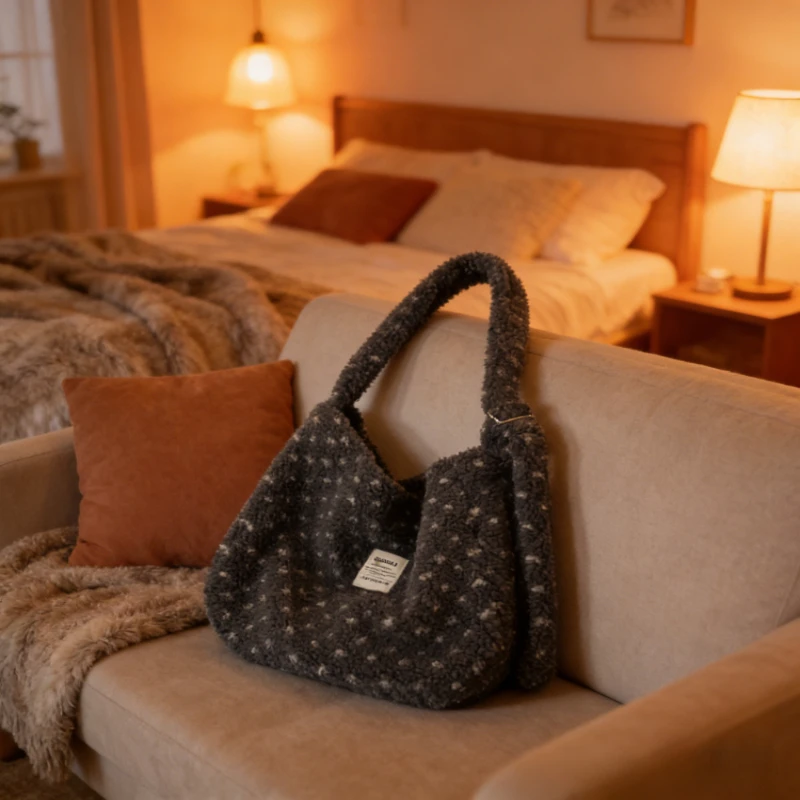 Herbst-Winter Plüsch-Herz Umhängetasche Große Kapazität Canvas Schultertasche Einkaufstasche für den Täglichen Gebrauch Vielseitige Pendler-Tasche