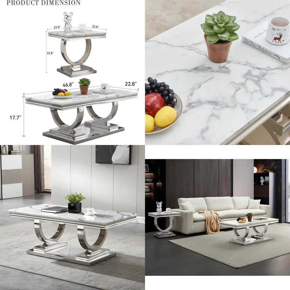 

2-Piece Living Room Table Set: Coffee Table & End Table with White Marble Top and Stainless Steel Base