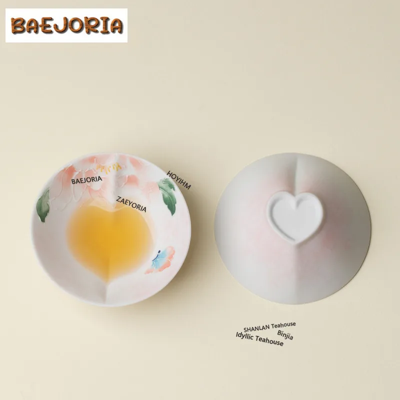BAEJORIA 60ml Hand-painted Peony Heart-shaped Teacup Retro Tea Bowl Mug Tea-tasting Personal Cup Chazhan Master Cups Cafes Gifts