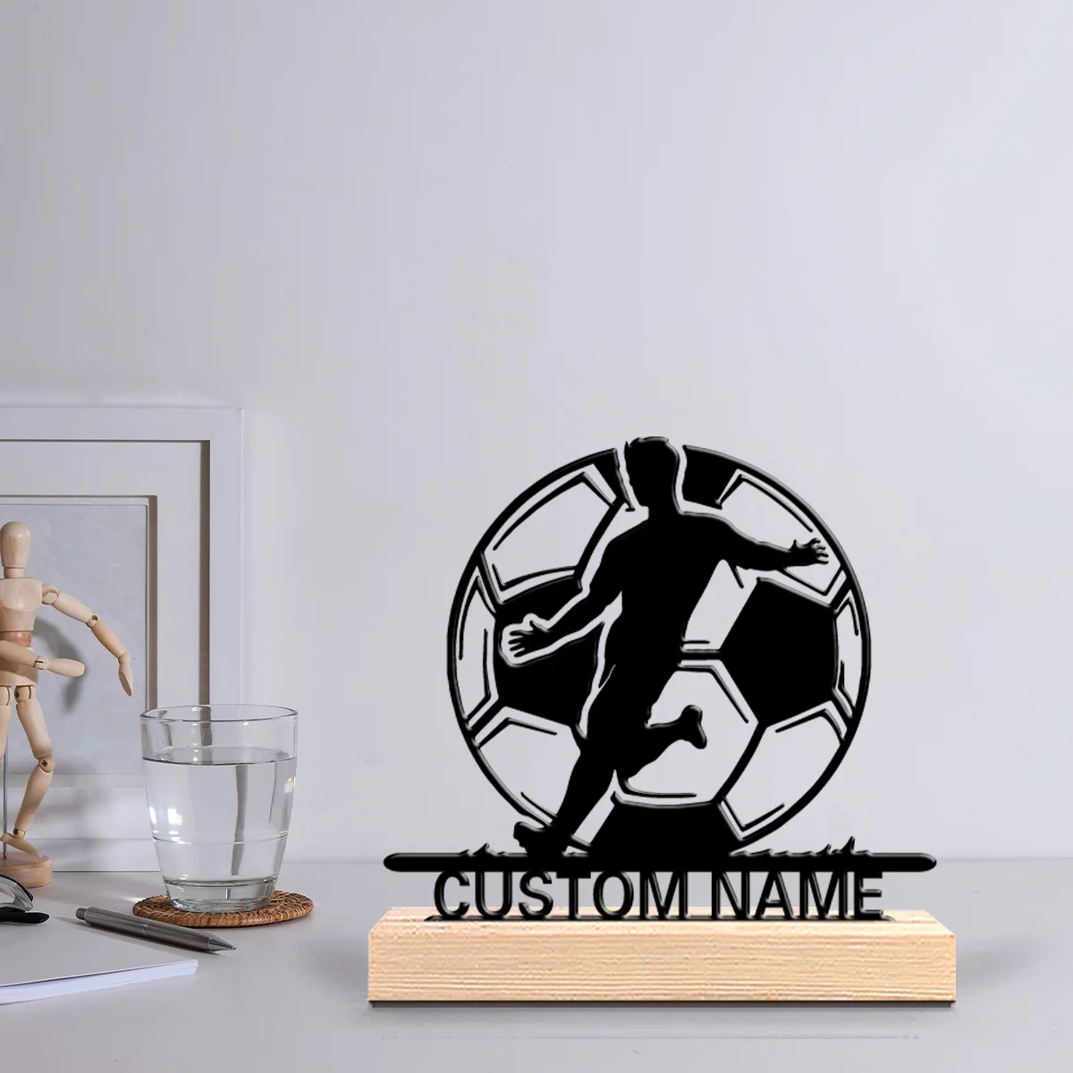 1pc Simple soccer Custom Name Metal Statue Metal Ornament Crafts With Wood Base Metal Sculpture With Wood Base For Girl Gifts