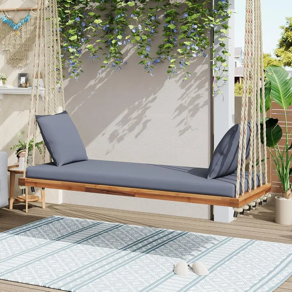 

2-Person Wooden Swing Chair with Cushion and Pillows for Outdoor Patio, Hanging Hammock Bench, Natural Ropes, Ideal for Garden a