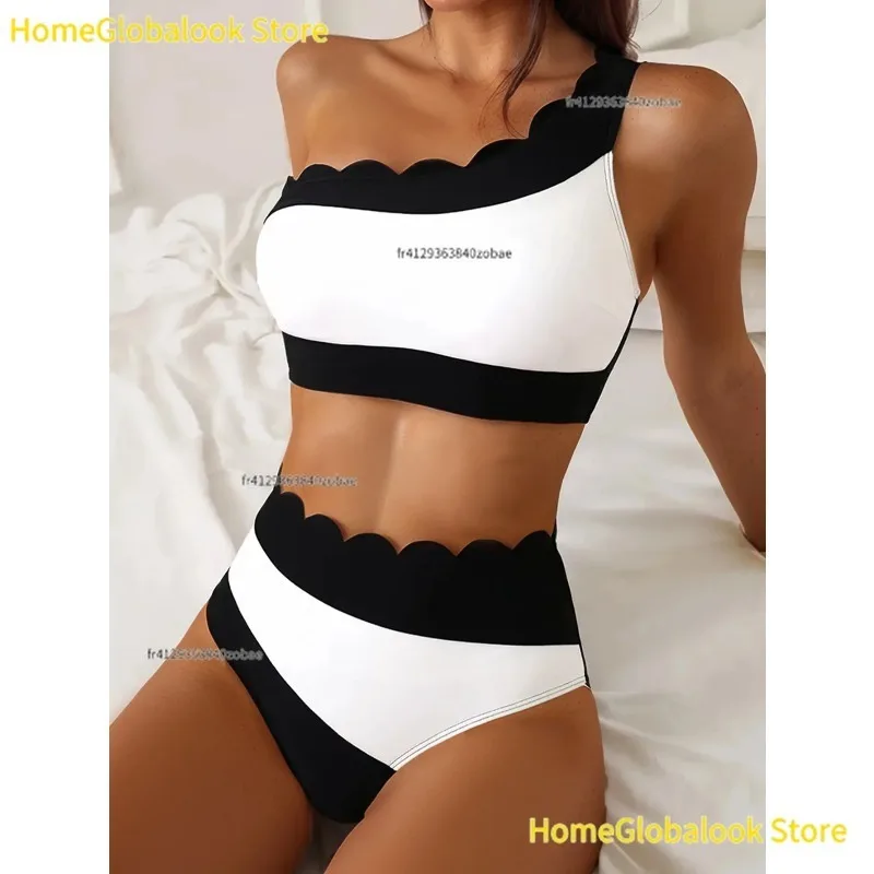 Sexy Schwarz-Weißer Patchwork-Bikini für Damen, Rüschen, One-Shoulder-Push-Up-Badeanzug mit hoher Taille, Sommer-Strand-Badeanzug, Urlaubs-Pool-Party-Badebekleidung