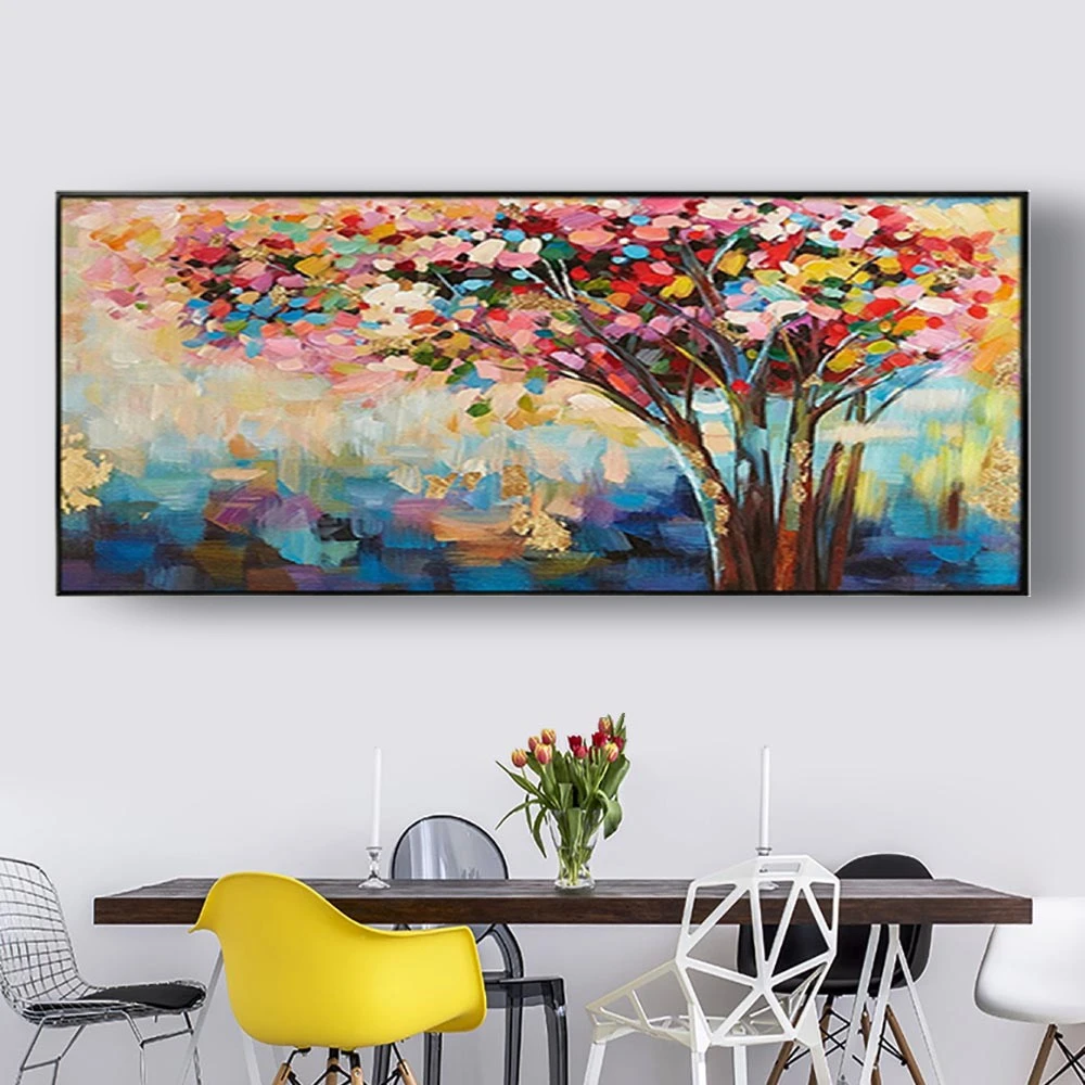 

100% Handmade Knife Thick Blue Gold Red Texture Canvas Art Tree Oil Painting Luxury Wall Pictures For Living Room Christmas Gift