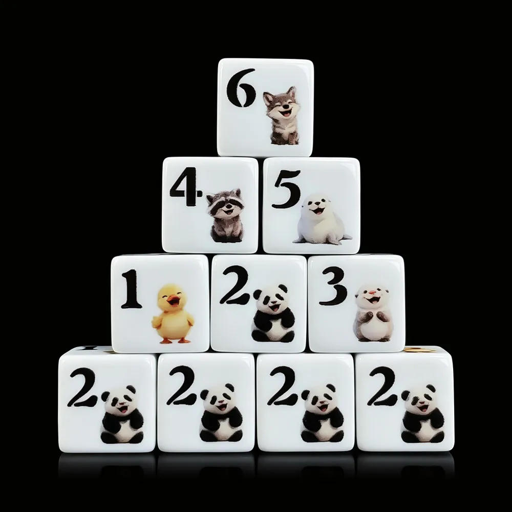 12Pcs 16MM D6 Acrylic Printed Dice, Cute Happy Animal Cartoon Pattern, DND RPG Tabletop Board Game Dice For Party Favors
