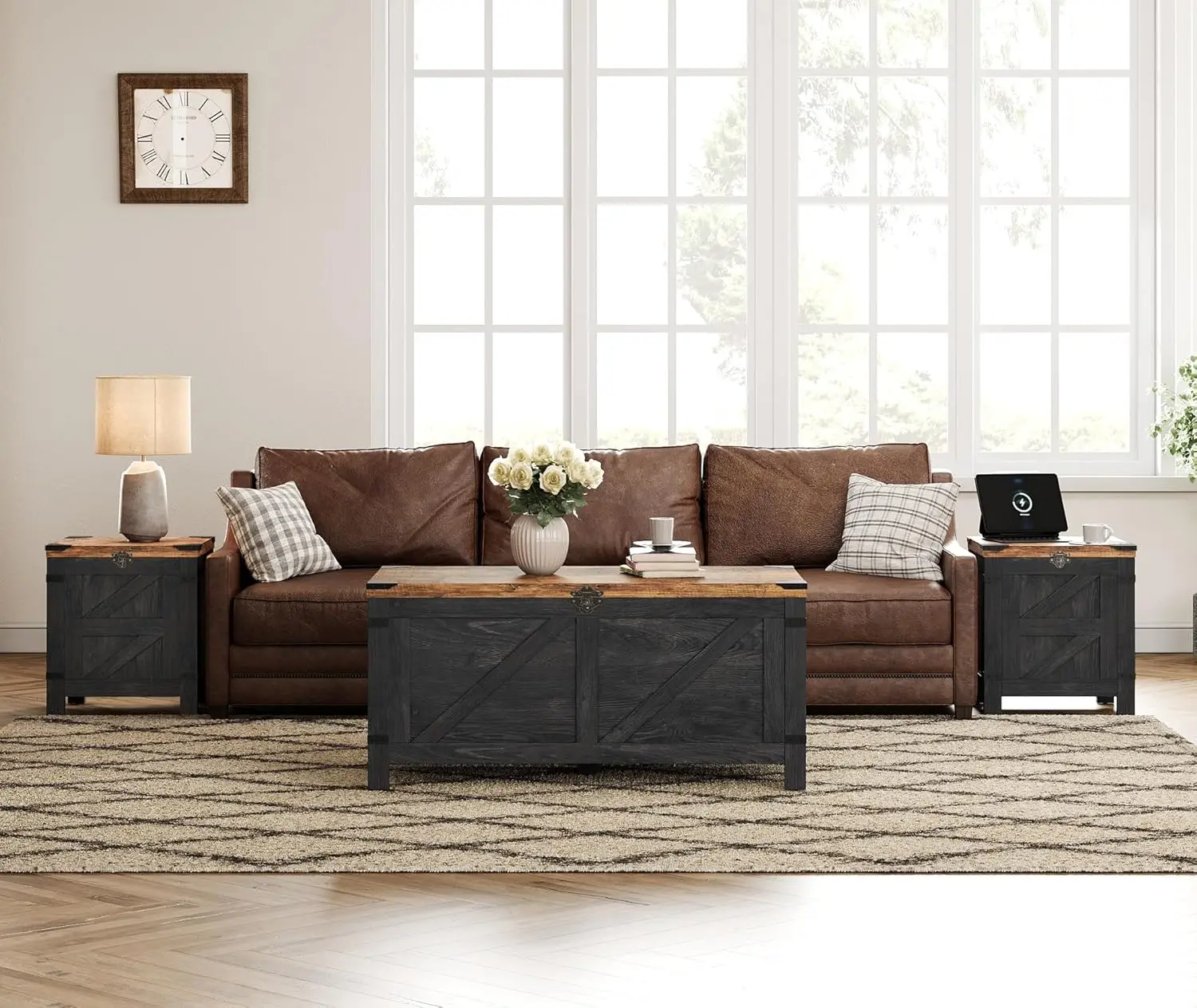 Mesa de centro elevable para sala de estar, mesa de centro de granja con almacenamiento oculto, muebles pequeños con acento con gabinete de malla y Ru