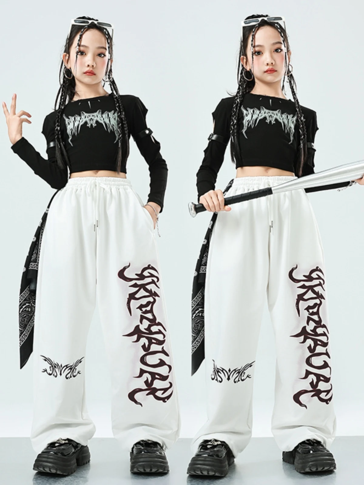 Traje de baile de Jazz de estilo gótico para niñas, Tops negros, pantalones blancos, ropa de actuación de Hip hop, traje de escenario de concierto Kpop, BL13015