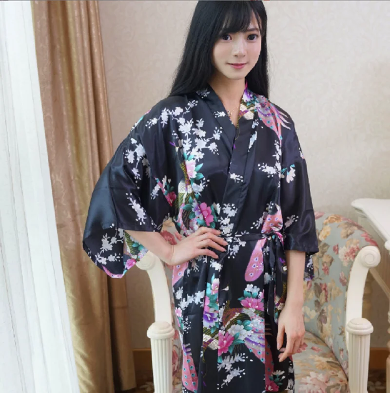 Hot Sale New Women Japanese Kimono Robe High Quality Silk Satin Long Nightgown Fashion Printing Loose Comfortable Ladies Pajamas