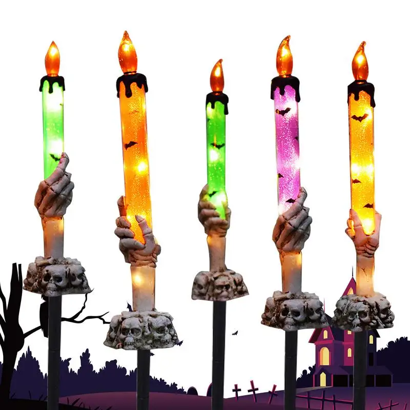 5pcs Solar Powered Waterproof Candle Lamp Light Multifunctional Halloween Pathway Light Outdoor Stake Light For Sidewalks Fences