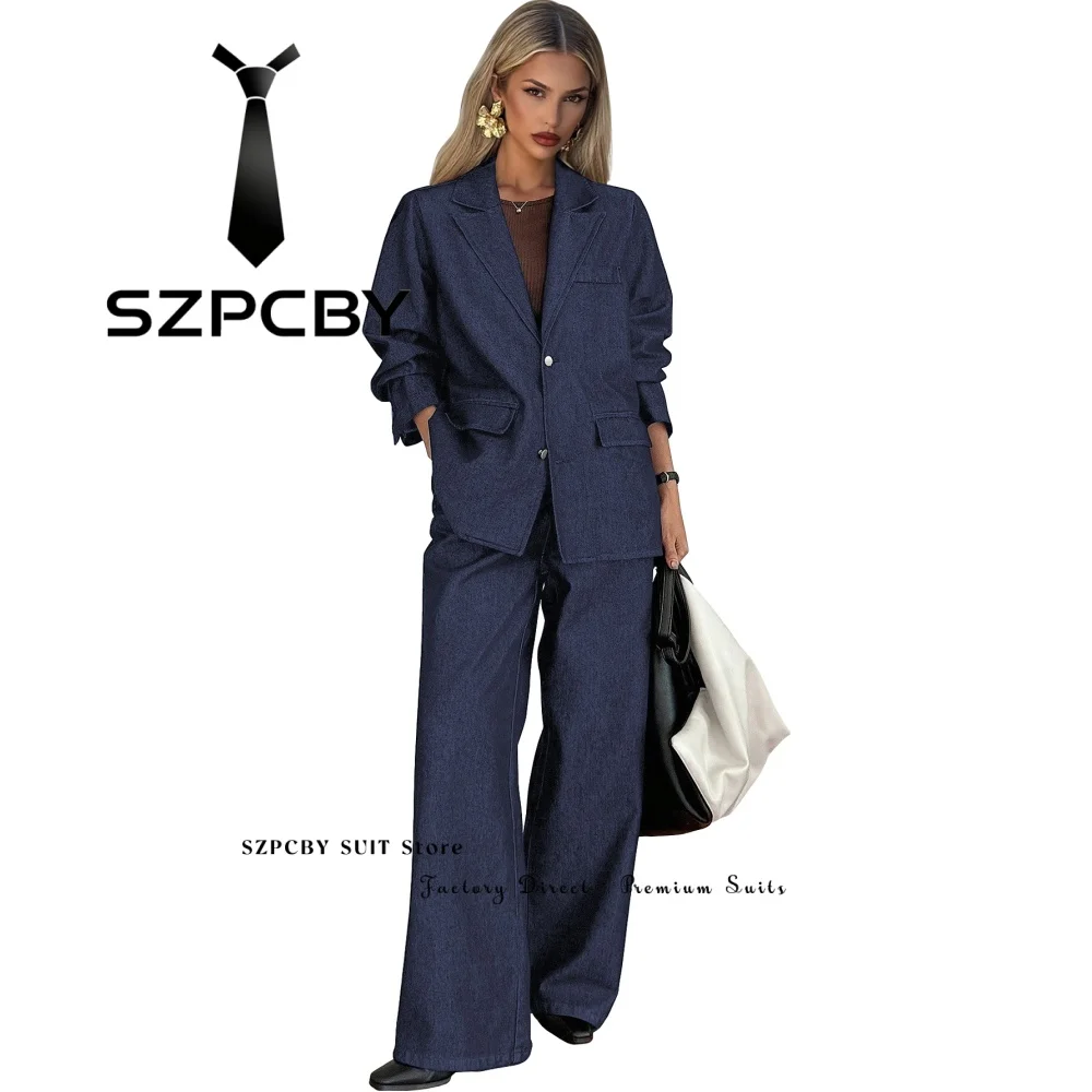 Smart Casual Women's Denim Suit Notch Lapel Loose Fit 2 Piece Jacket Pants Sets Elegant Business Office Blazer Clothing Outfits