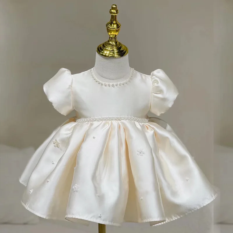 

Champagne Toddler Girls Party Dresses Beads Appliques Baby 1st Birthday Baptism Vestido Kids Wedding Evening Gown Summer Costume