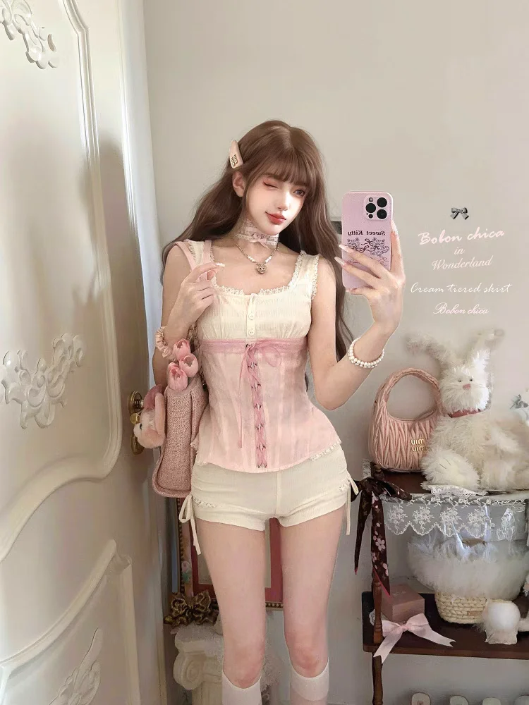 

Princess sweet lolita set bobon21 Cute Cat Waist Strap Splicing Chest Shorts Set TB2402