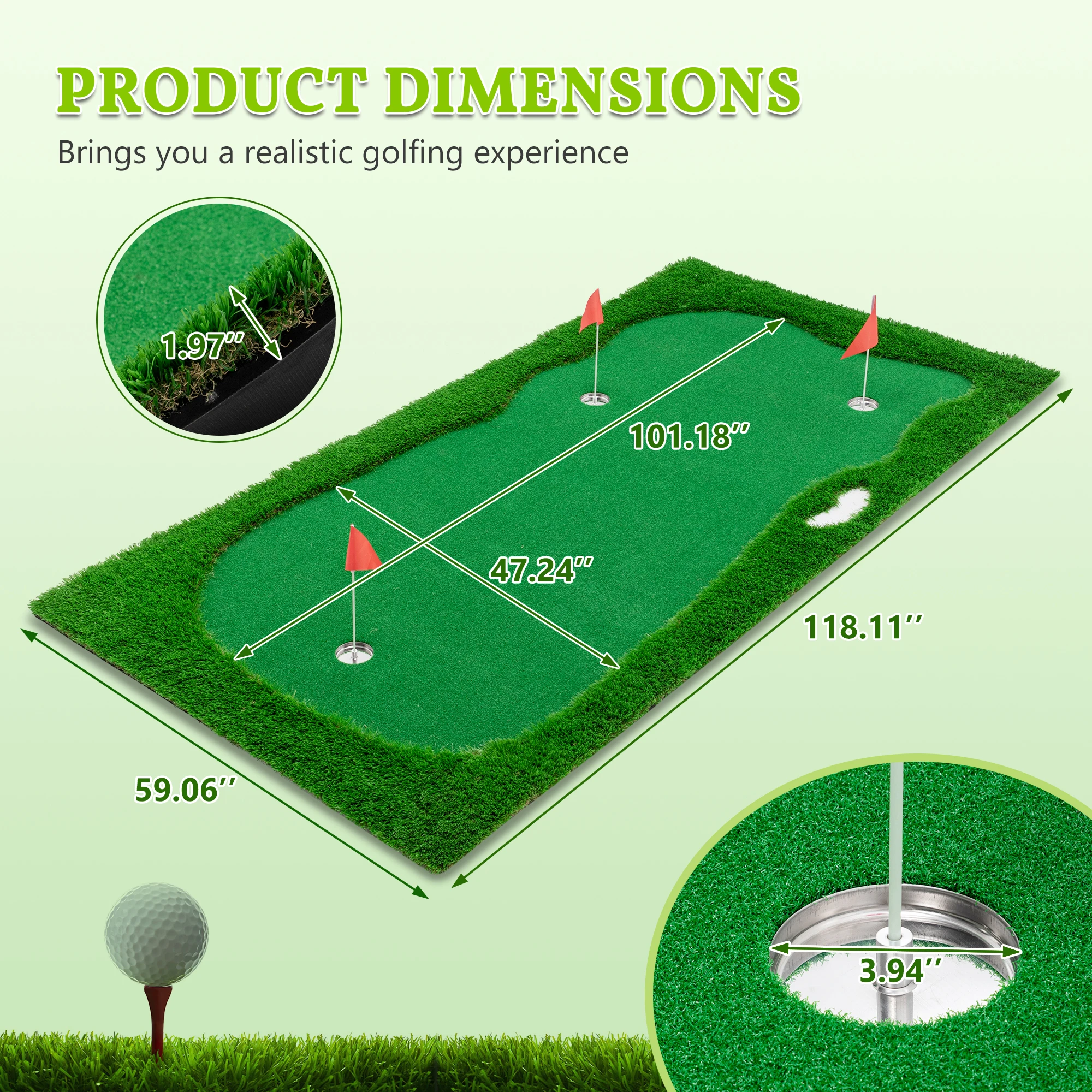 10x5 FT Golf Putting Green เสื่อฝึกซ้อมกอล์ฟพร้อมสนามหญ้าคุณภาพสูง 3 หลุม 3 ธงและถ้วยสําหรับในร่มกลางแจ้ง