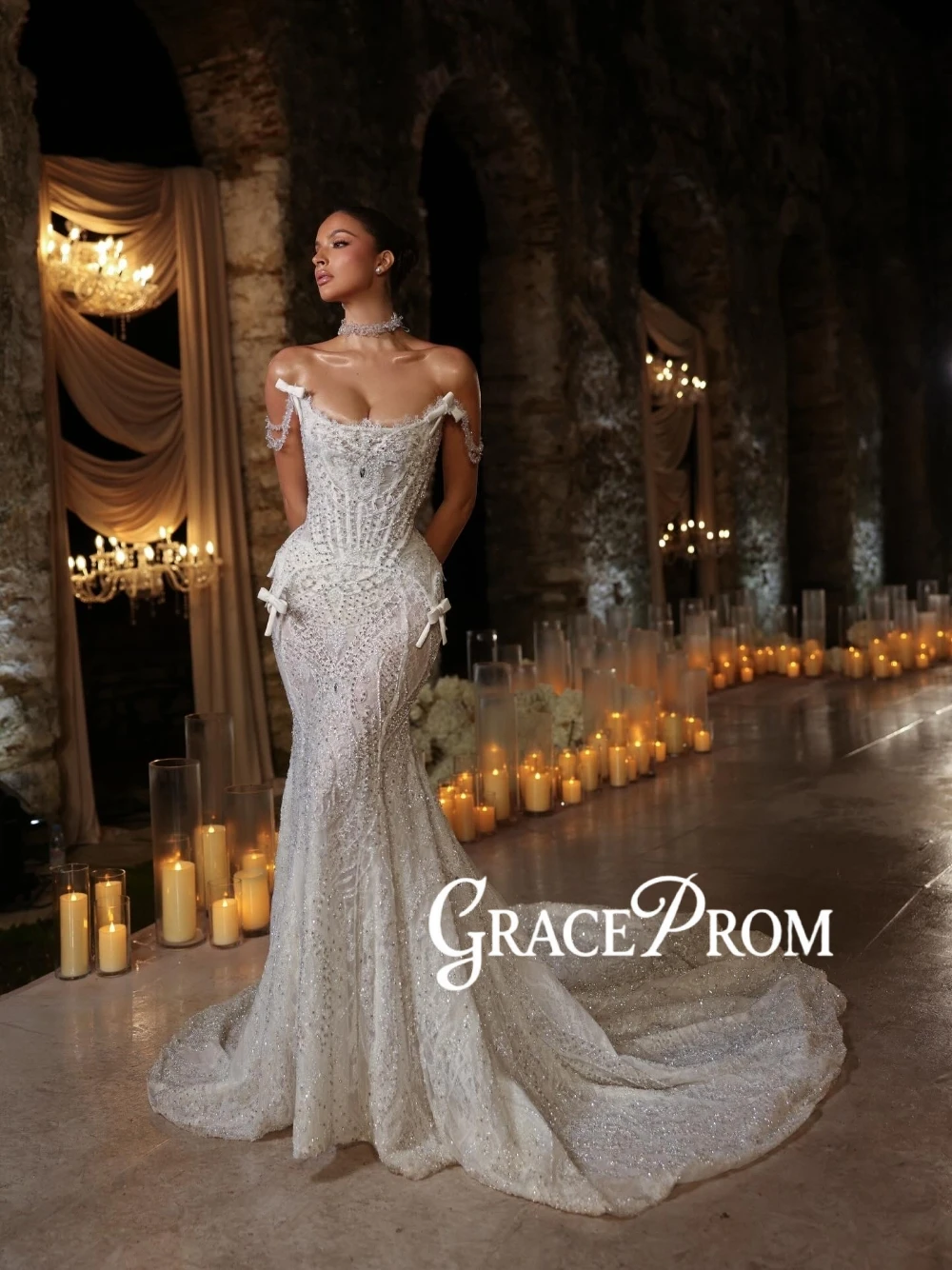 2026 Opulent Beaded Crystals Wedding Dress Classy Mermaid Customized Off-the-shoulder Bridal Gown Romantic Delicate Lace Wear
