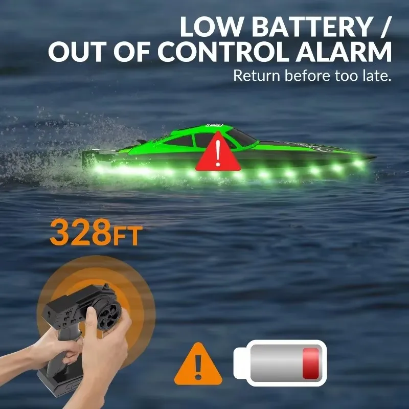 Barco a control remoto de alta velocidad, lancha rápida de carreras eléctrica con luz LED para exteriores, batería baja, alarma, juguetes acuáticos, 20 + MPH