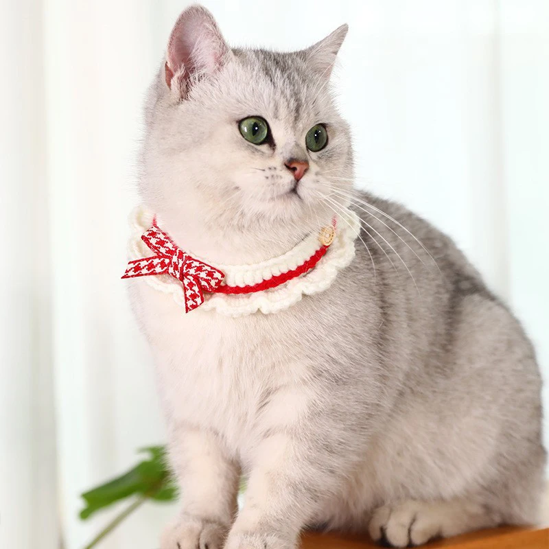 

Cute Pet Cat Saliva Towel Hand-knitted Kitten Cat Puppy Bow-knot Tie Bib Collar Pet Scarf Decorative Dog Collar Accessories