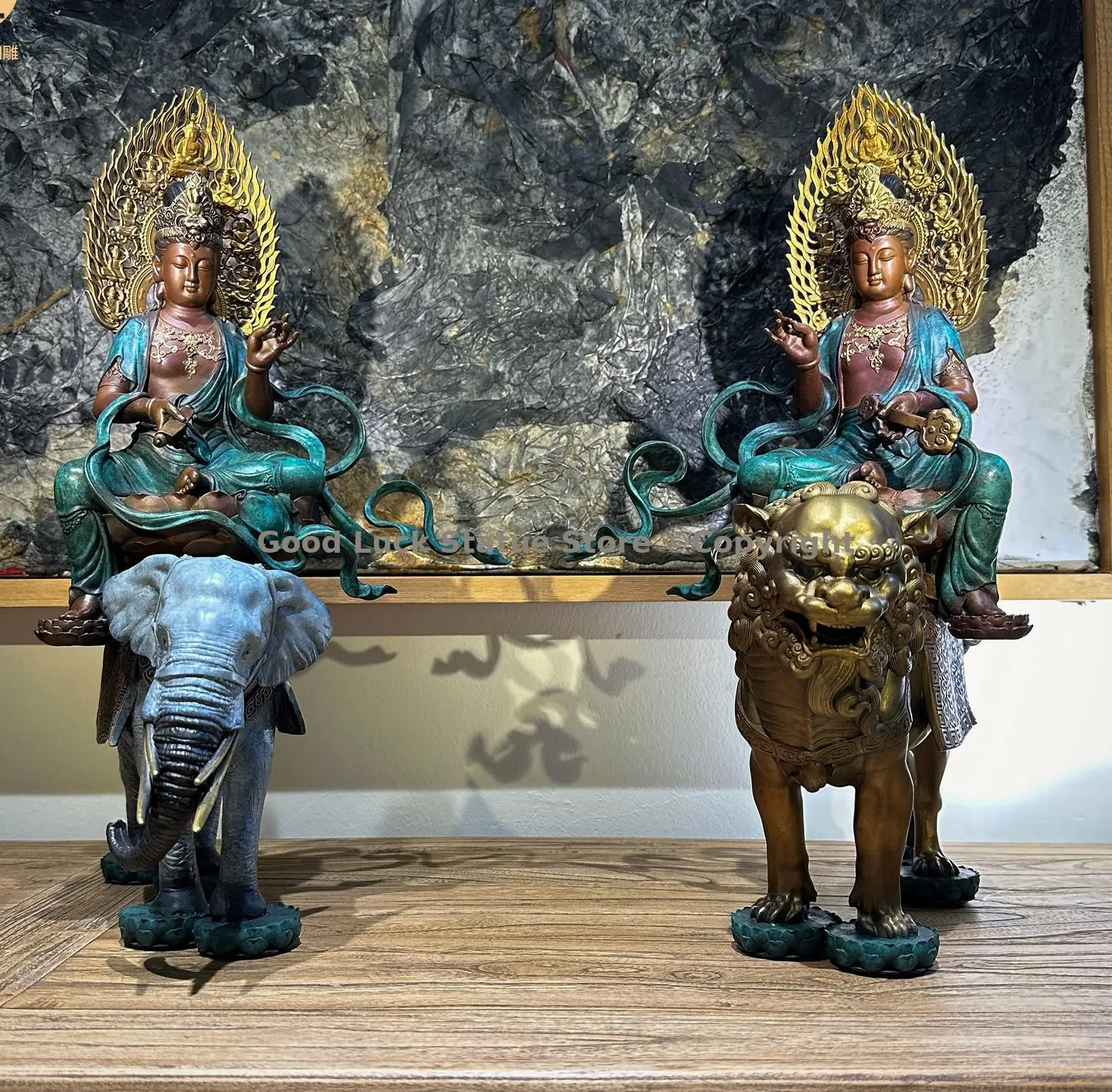 Good 2PCS Goddess Bodhisattva buddha Samantabhadra Lion elephant mount Manjusri Bodhisattva copper Sculpture Rare buddha statue