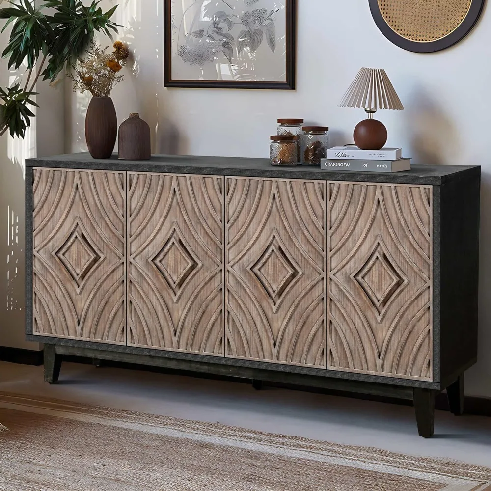 Mid Century Sideboard Buffet Cabinet, Accent Console Table, Kitchen Storage Cabinet Credenza with 4 Convex Pattern Diamond Doors