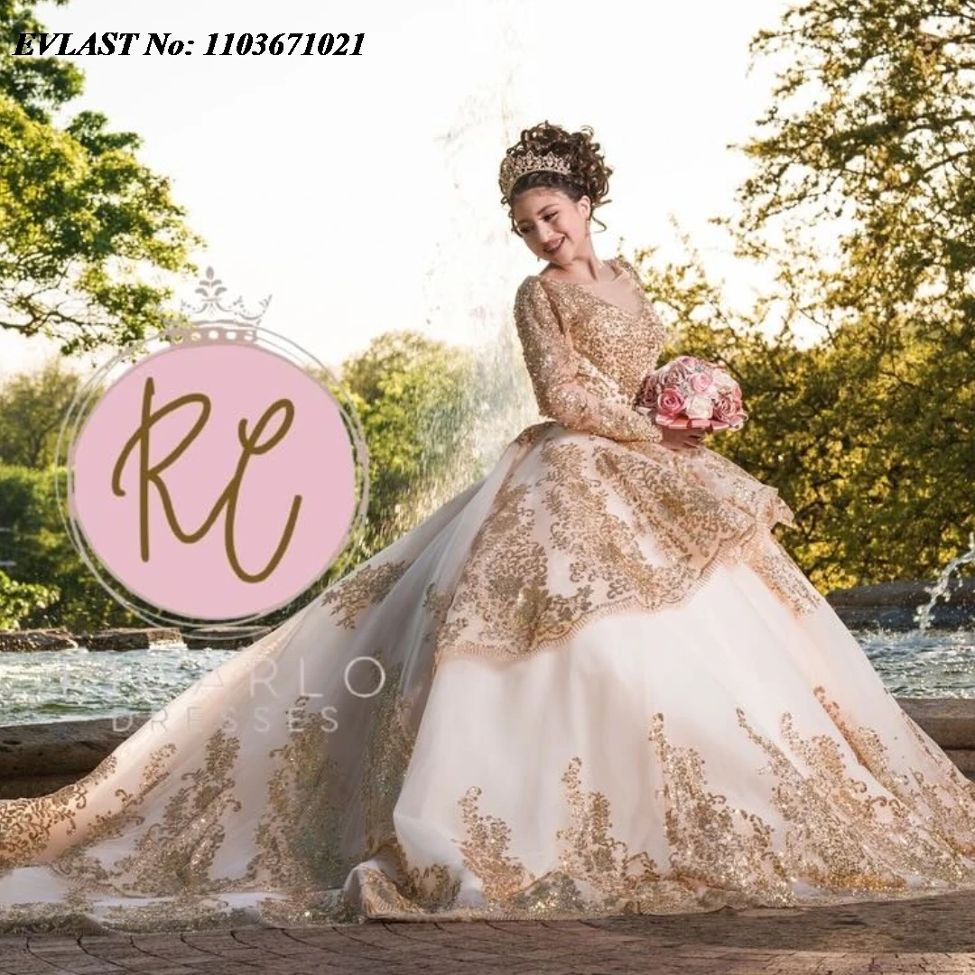 Evlast personalizado ouro quinceanera vestido de baile manga longa renda apliques miçangas em camadas doce 16 vestidos de anos sq353