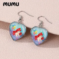 2024 New The Little Mermaid Dangle Earring Princess Ariel Heart Shaped Earrings Handmade Glass Dome Jewelry Gifts Fans