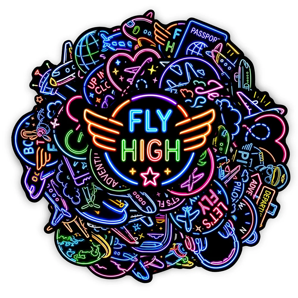 10/30/50pcs Funny Creative Airplane Cartoon Neon Light Stickers Travel Flight Colorful Decal for Skateboard Notebook Sticker Toy