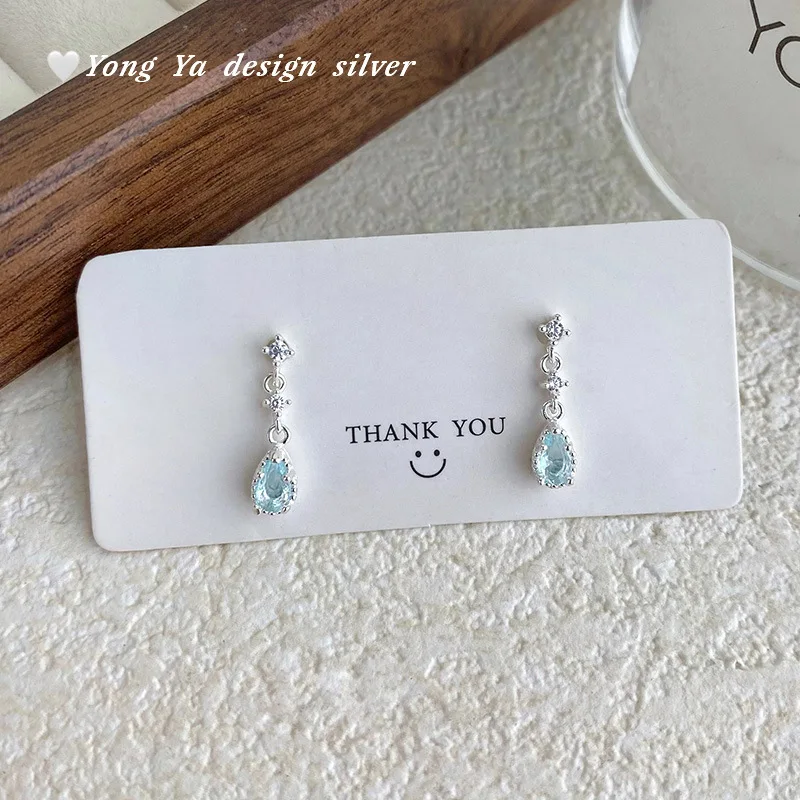 

S999 Fine Silver Water Drop Zircon Stud Earrings, Women's Cute, Fresh, Sweet and Artistic Versatile Ear Ornament Jewelry Gift