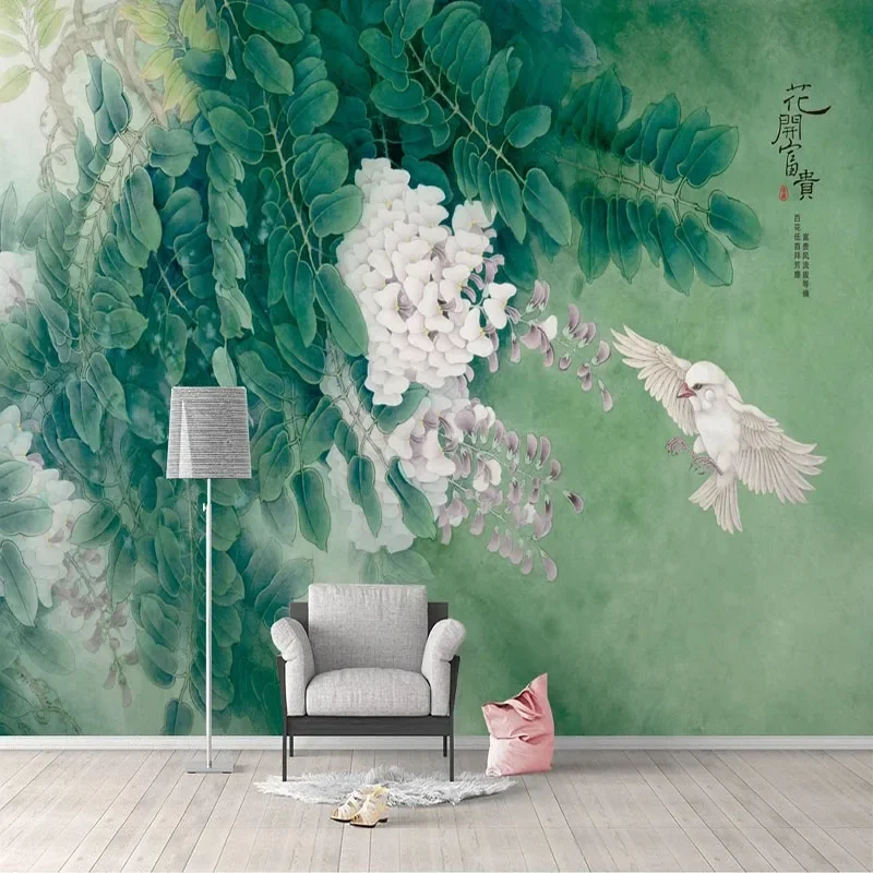 Custom Mural 3D Green Classical Wisteria Ribbon Meticulous Painting Background Wall Home Papel De Parede papel pintado de pared