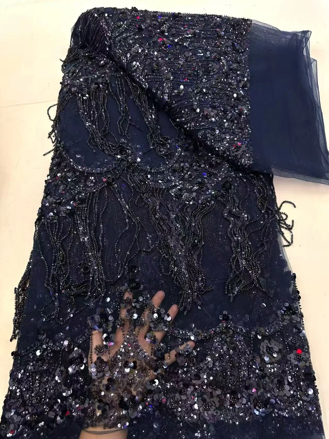 Luxury Tassels African Beaded Lace Fabric 2026 High-Quality Nigerian Sequins Lace Fabric for Women's Evening Wedding Dress